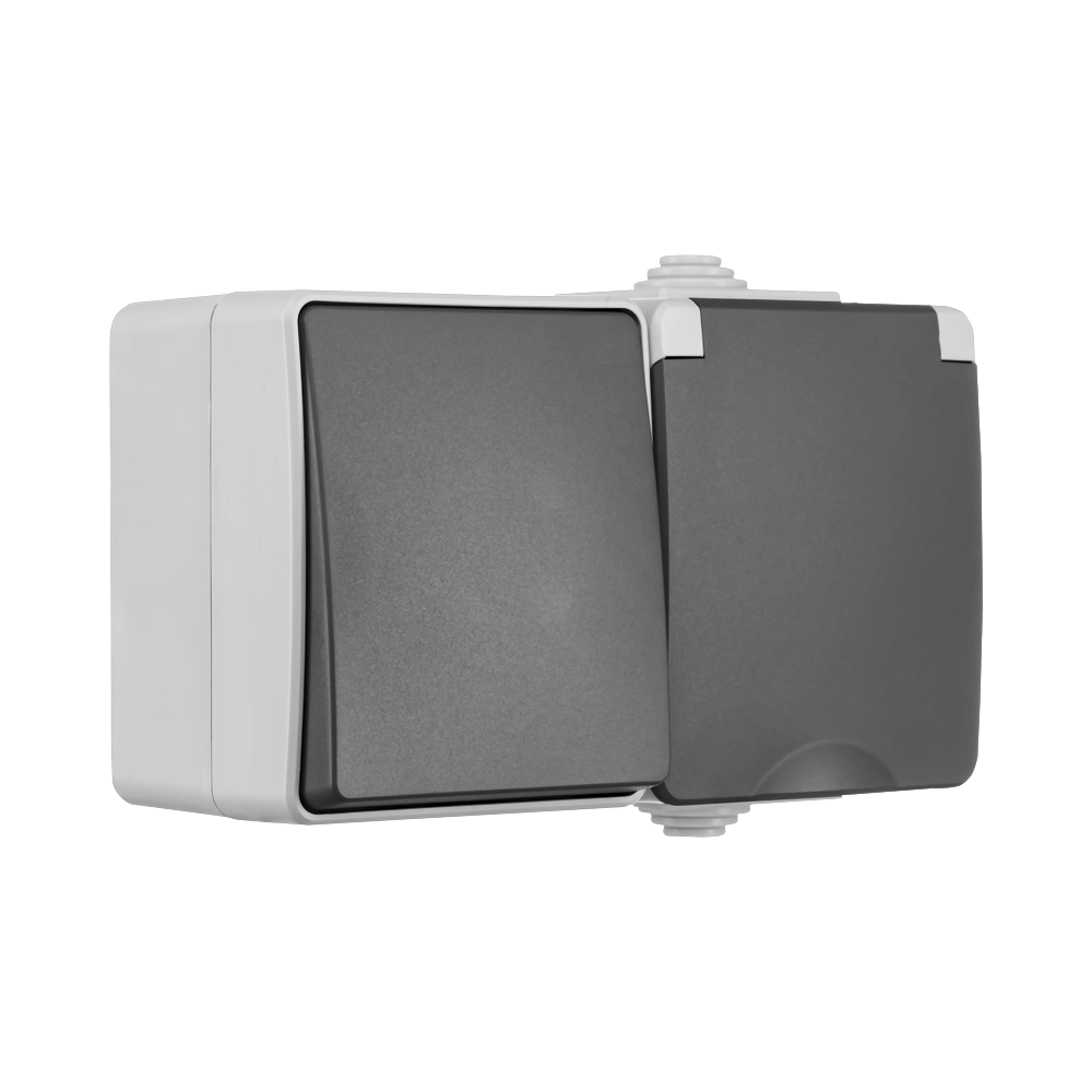 ION Opbouw Combinatie Wandcontactdoos en Wisselschakelaar IP55 Grijs afbeelding 3