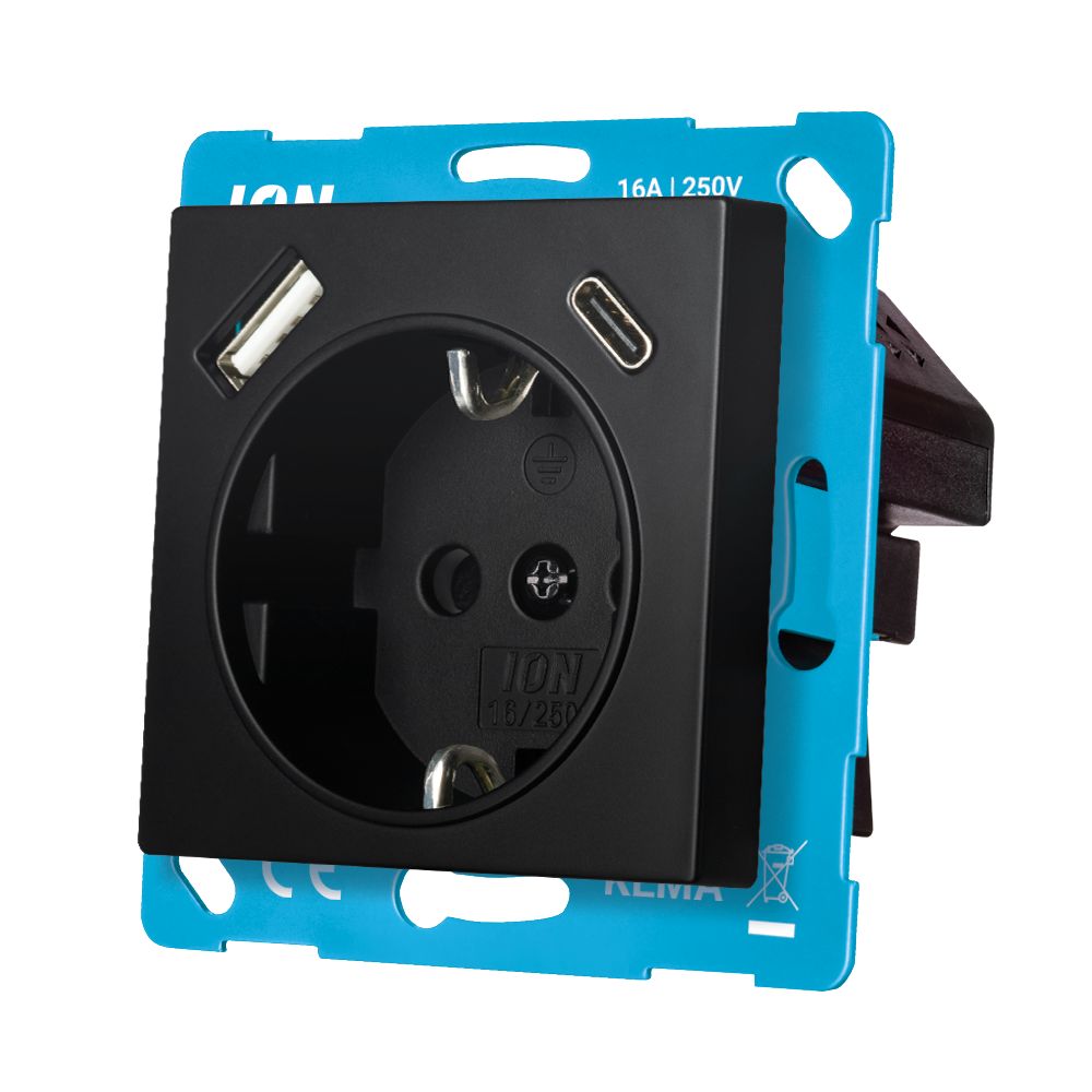 ION Wandcontactdoos RA USB A + USB C met aanraakbeveiliging V1/J1 Mat Zwart afbeelding 3