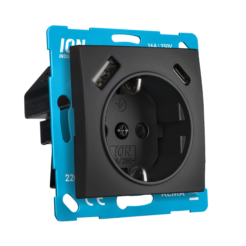 ION Wandcontactdoos RA USB A + USB C met Aanraakbeveiliging E1 Mat Zwart afbeelding 2