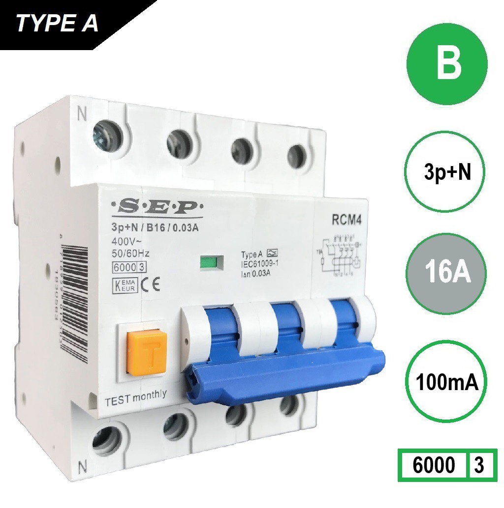 16A 100mA Aardlekautomaat 3 polig+nul B16 6kA RCM4 SEP voor zonnepanelen laadpalen