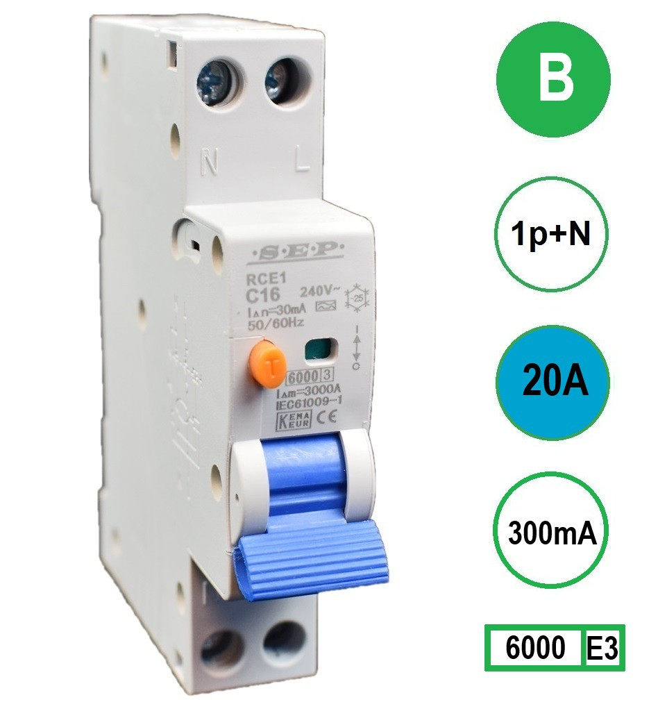Aardlekautomaat 20A B KAR 300mA 2 polig 18mm breed Kema Keur 230V automaat en aardlek in een module afbeelding 3