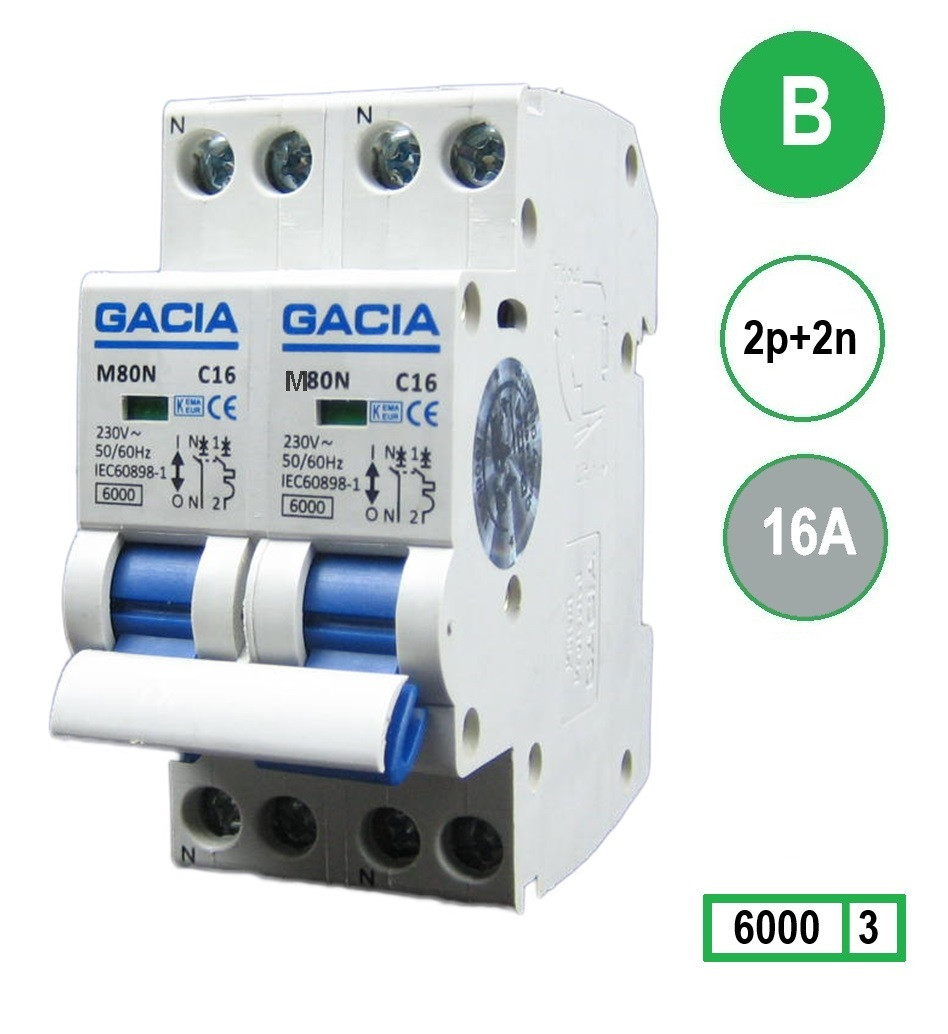 GACIA kookgroep- 2P2N B16 2x230V installatieautomaat  16A 6kA 36mm