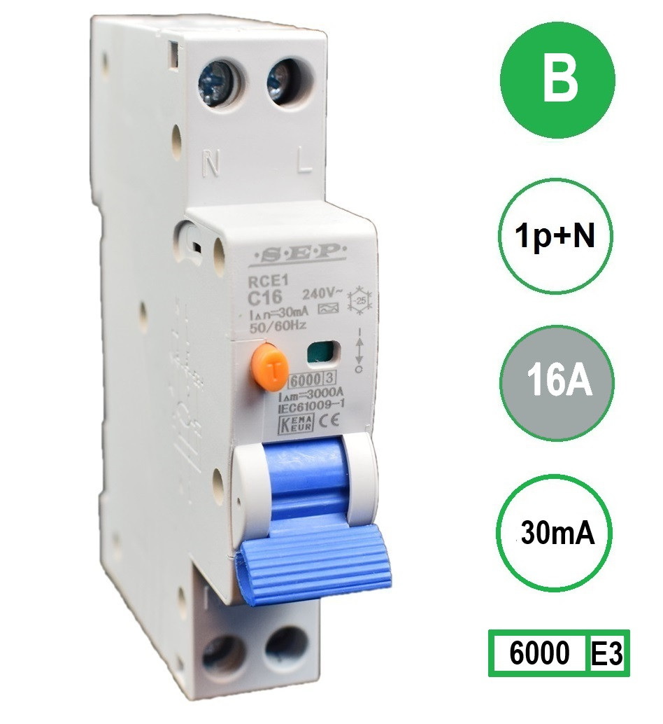 SEP RCE1 Aardlekautomaat 16A B Kar 30mA 18mm breed Kema Keur 2 polig 230V automaat en aardlek in een module