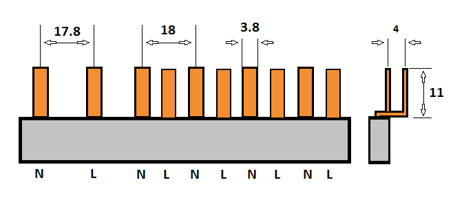 SEP Verdeelkam fase nul voor 1 aardlekschakelaar 2 modules en 4 automaten 1 module pin 2x18mm