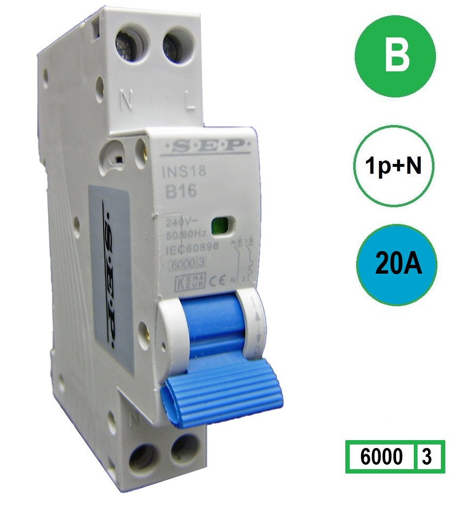 20A B SEP Installatie automaat B20 1polig+n 6kA 18mm breed afbeelding 2