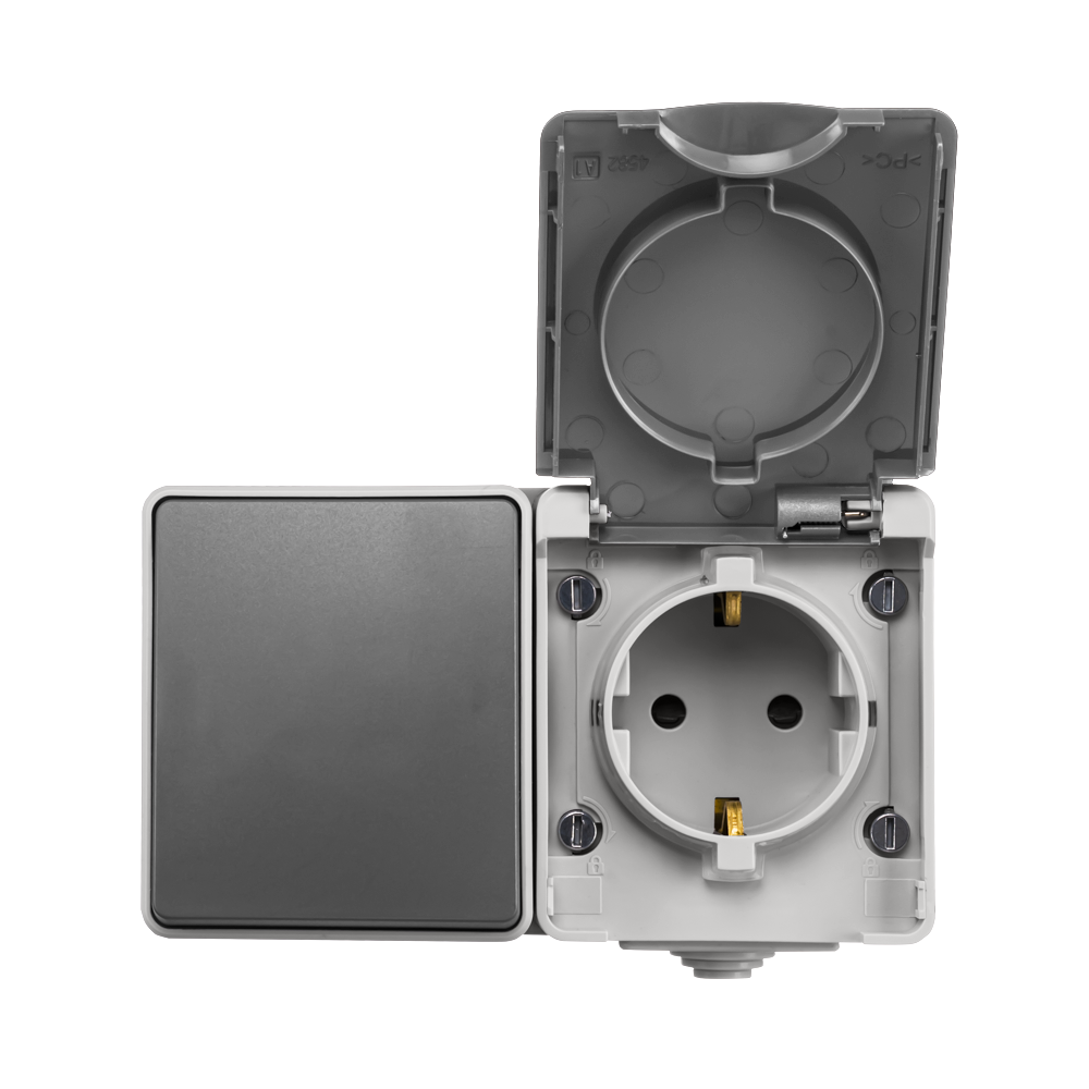 ION Opbouw Combinatie Wandcontactdoos en Wisselschakelaar IP55 Grijs afbeelding 2
