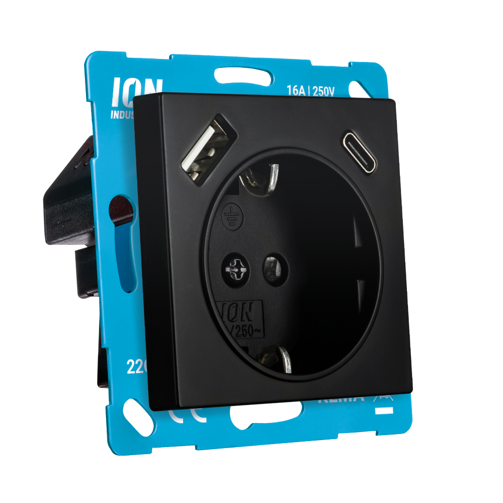 ION Wandcontactdoos RA USB A + USB C met aanraakbeveiliging V1/J1 Mat Zwart afbeelding 2