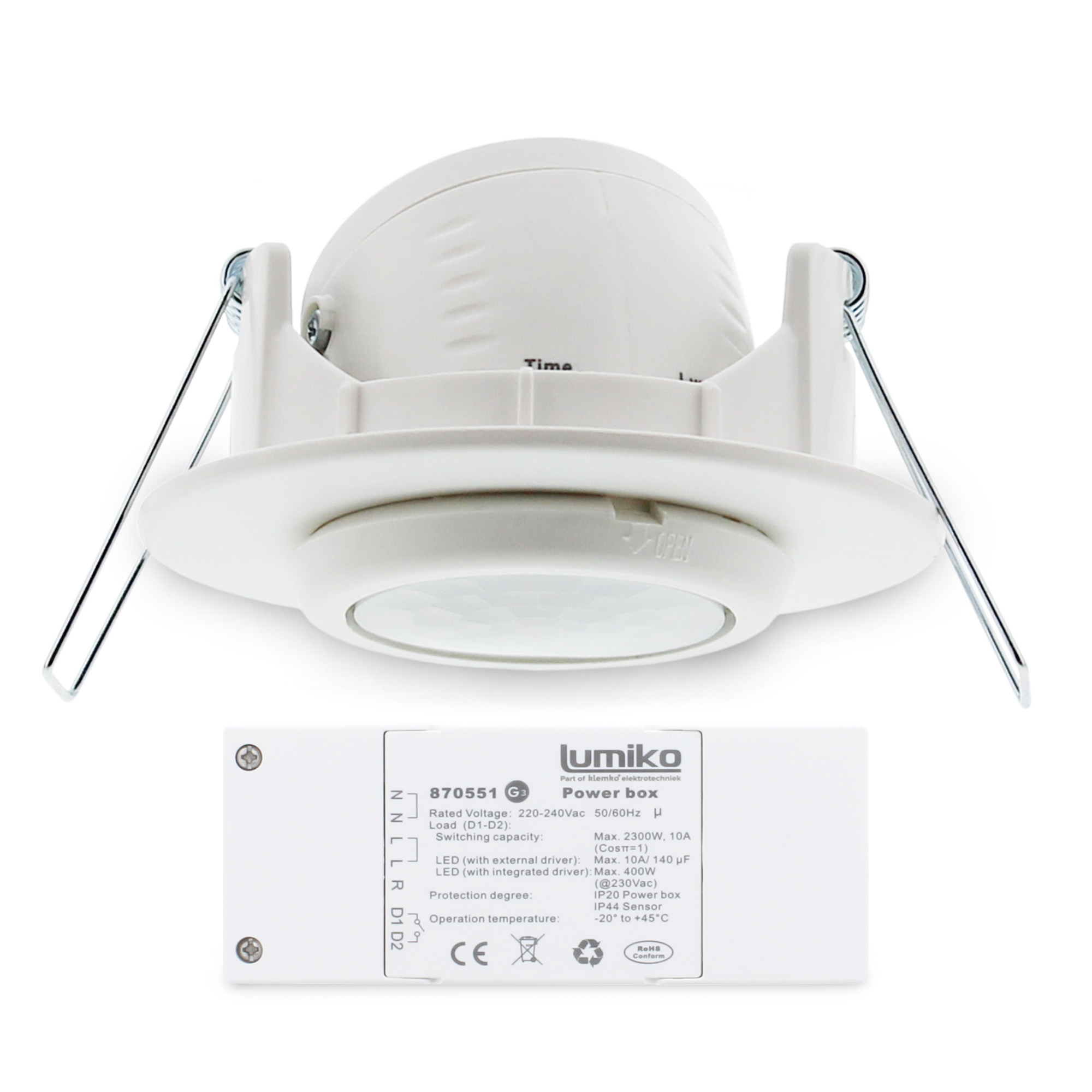 Klemko Aanwezigheidsmelder PIR 230V instelbaar 360° (30m²) 1x NO 2000W IP40 inbouw wit PLF-IB-PIR/1U