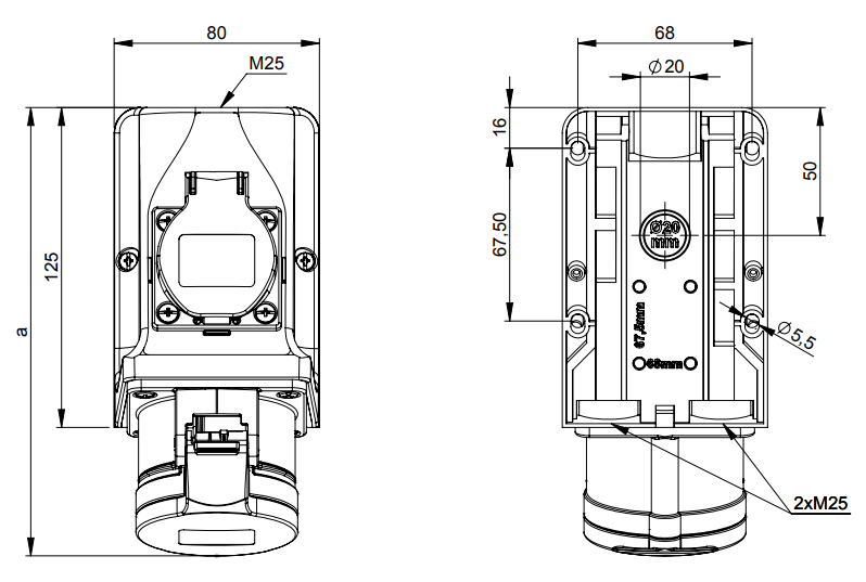 PCE CEE-form WCD combi RA 16A 5p 6h IP44 opbouw