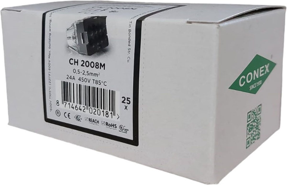 Conex lasklem 8 polig grijs met verbeterde grip 0.5 tot 2.5mm² 24A 450V CH2008M