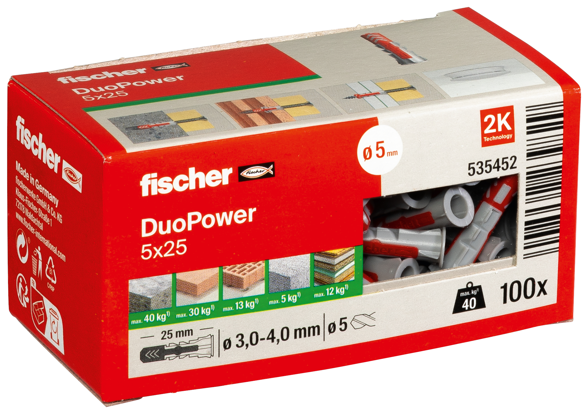 Fischer DuoPower Plug universeel ø5x25mm+rand nylon grijs/rood (doos 100st) DUOPOWER 5X25 afbeelding 2