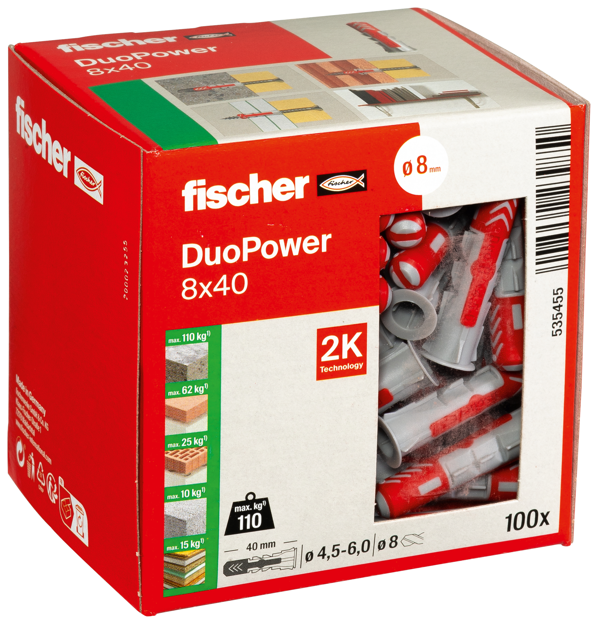 Fischer DuoPower Plug universeel ø8x40mm+rand nylon grijs/rood (doos 100st) DUOPOWER 8X40 afbeelding 2