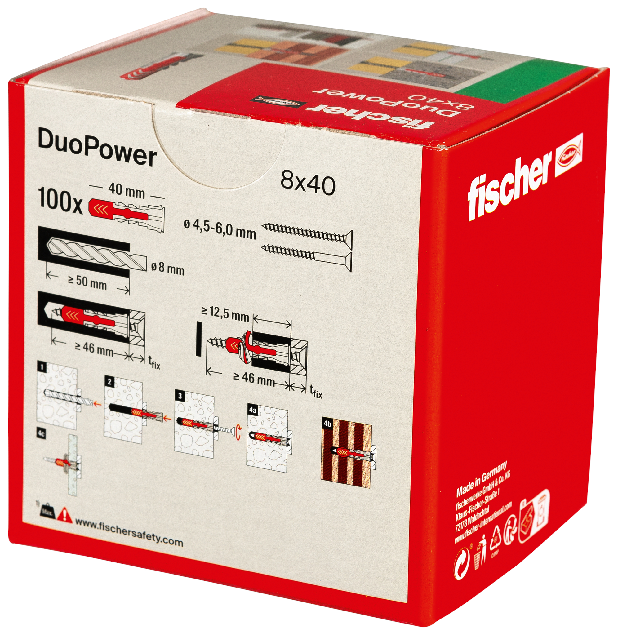 Fischer DuoPower Plug universeel ø8x40mm+rand nylon grijs/rood (doos 100st) DUOPOWER 8X40 afbeelding 3