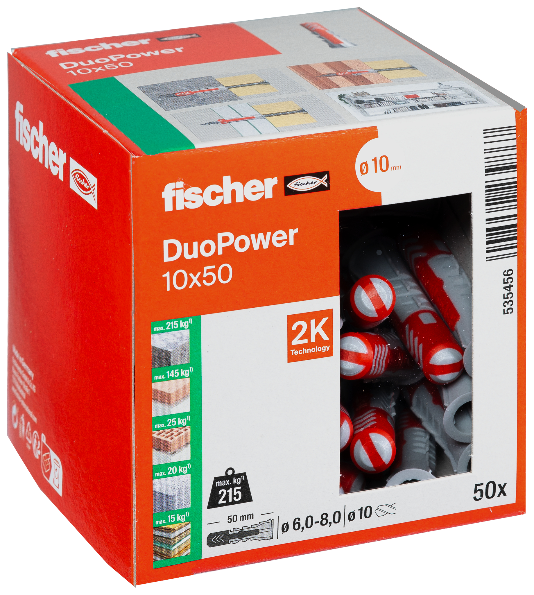 Fischer DuoPower Plug universeel ø10x50mm+rand nylon grijs/rood (doos 50st) DUOPOWER 10X50