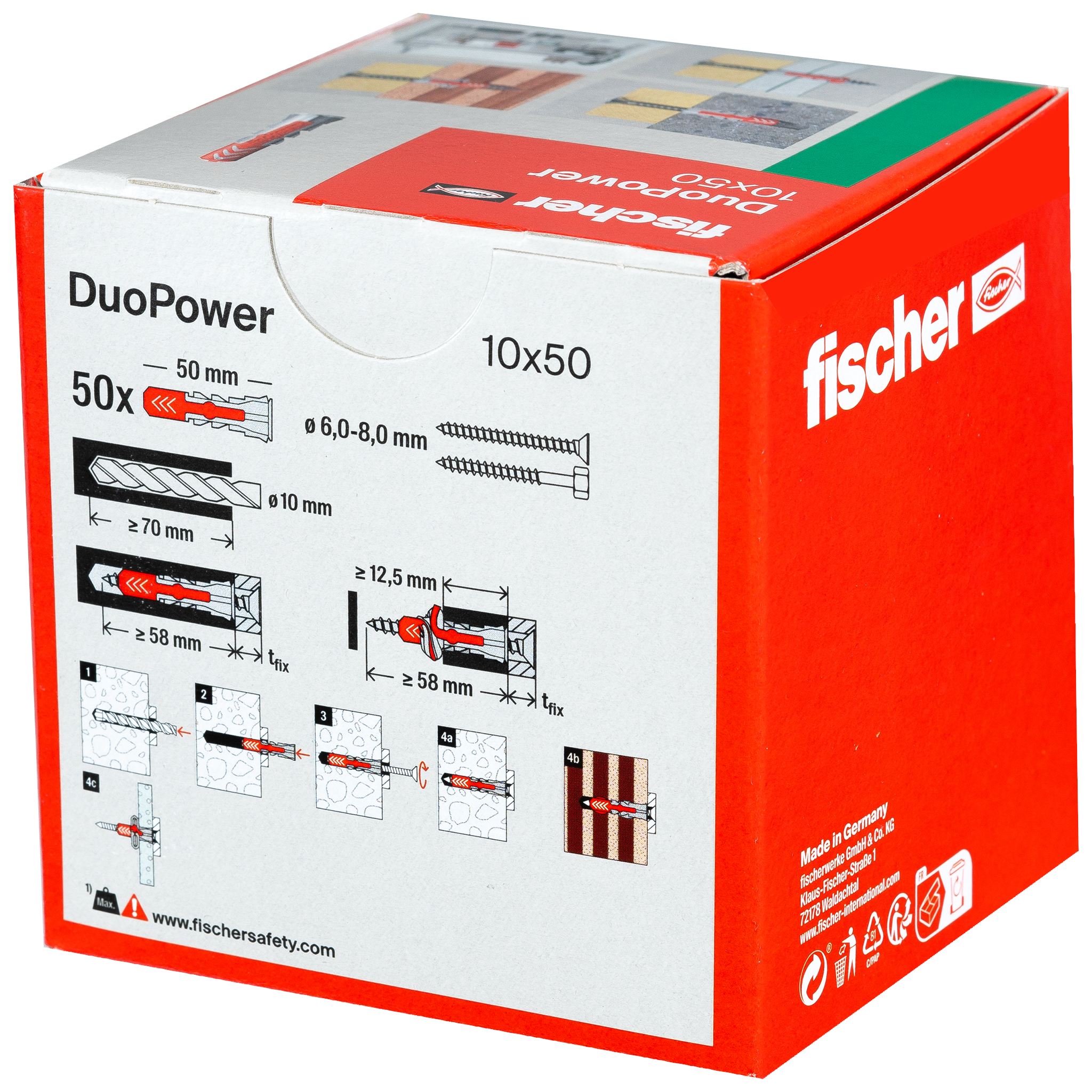 Fischer DuoPower Plug universeel ø10x50mm+rand nylon grijs/rood (doos 50st) DUOPOWER 10X50