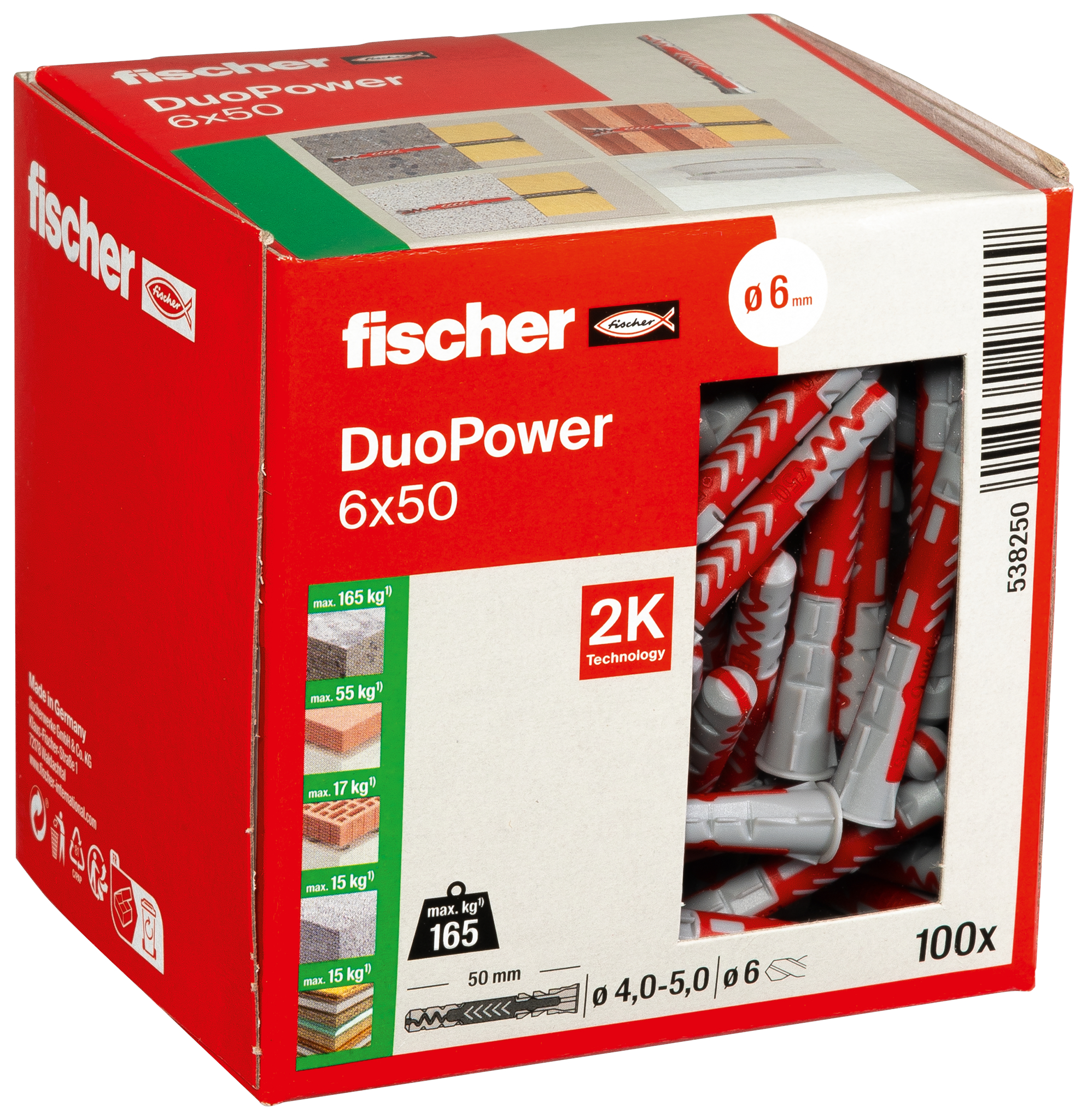 Fischer DuoPower Plug universeel ø6x50mm+rand nylon grijs/rood (doos 100st) DUOPOWER 6X50 afbeelding 2